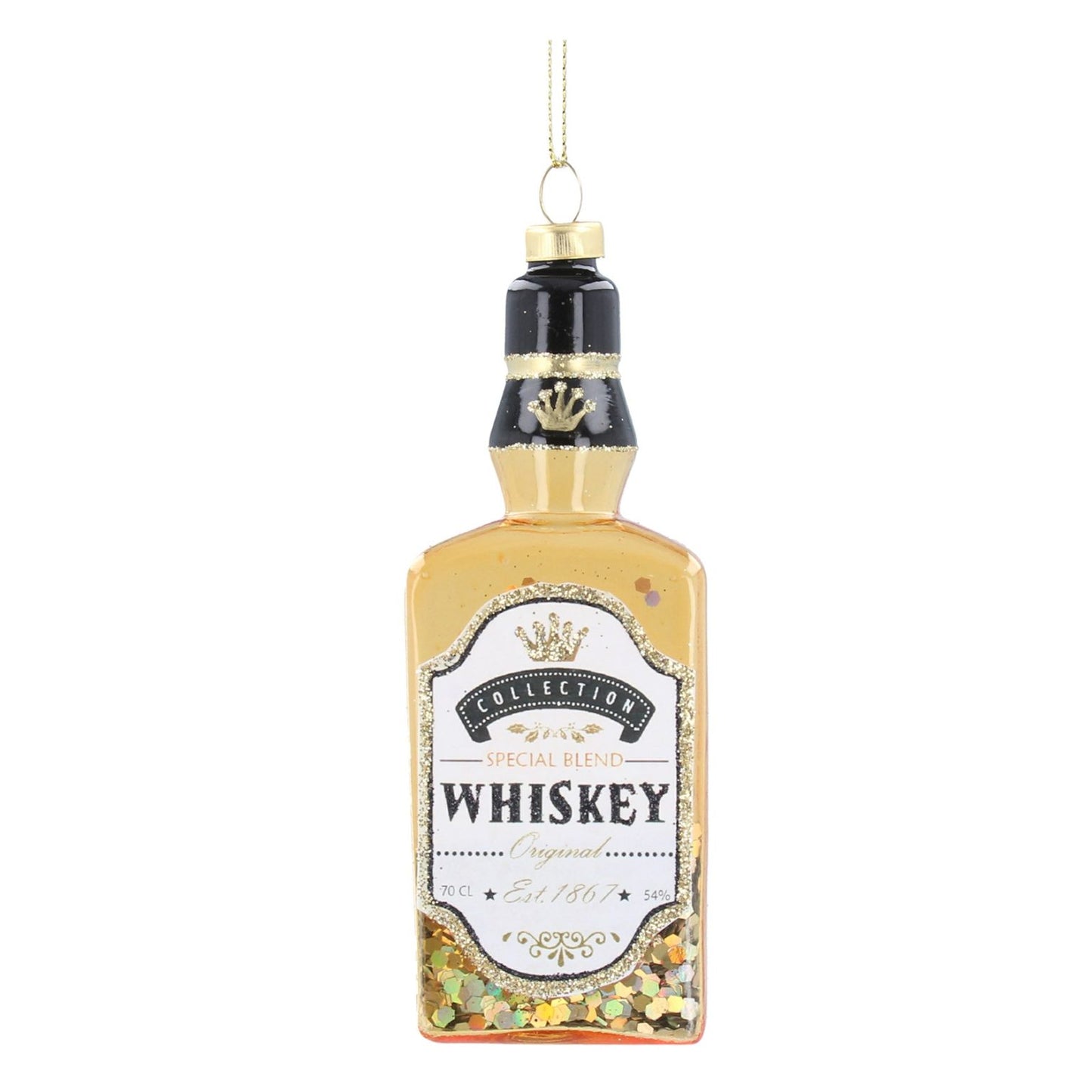 Glass whisky bottle with confetti