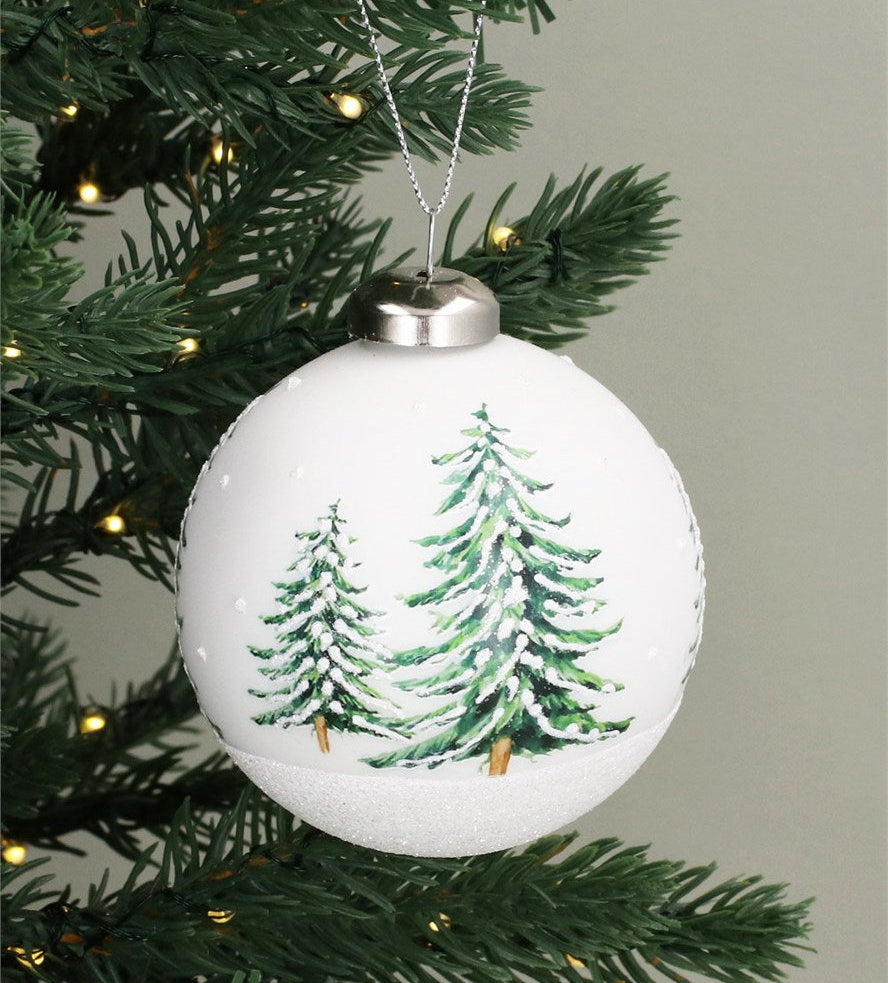 Matt white glass bauble printed fir trees