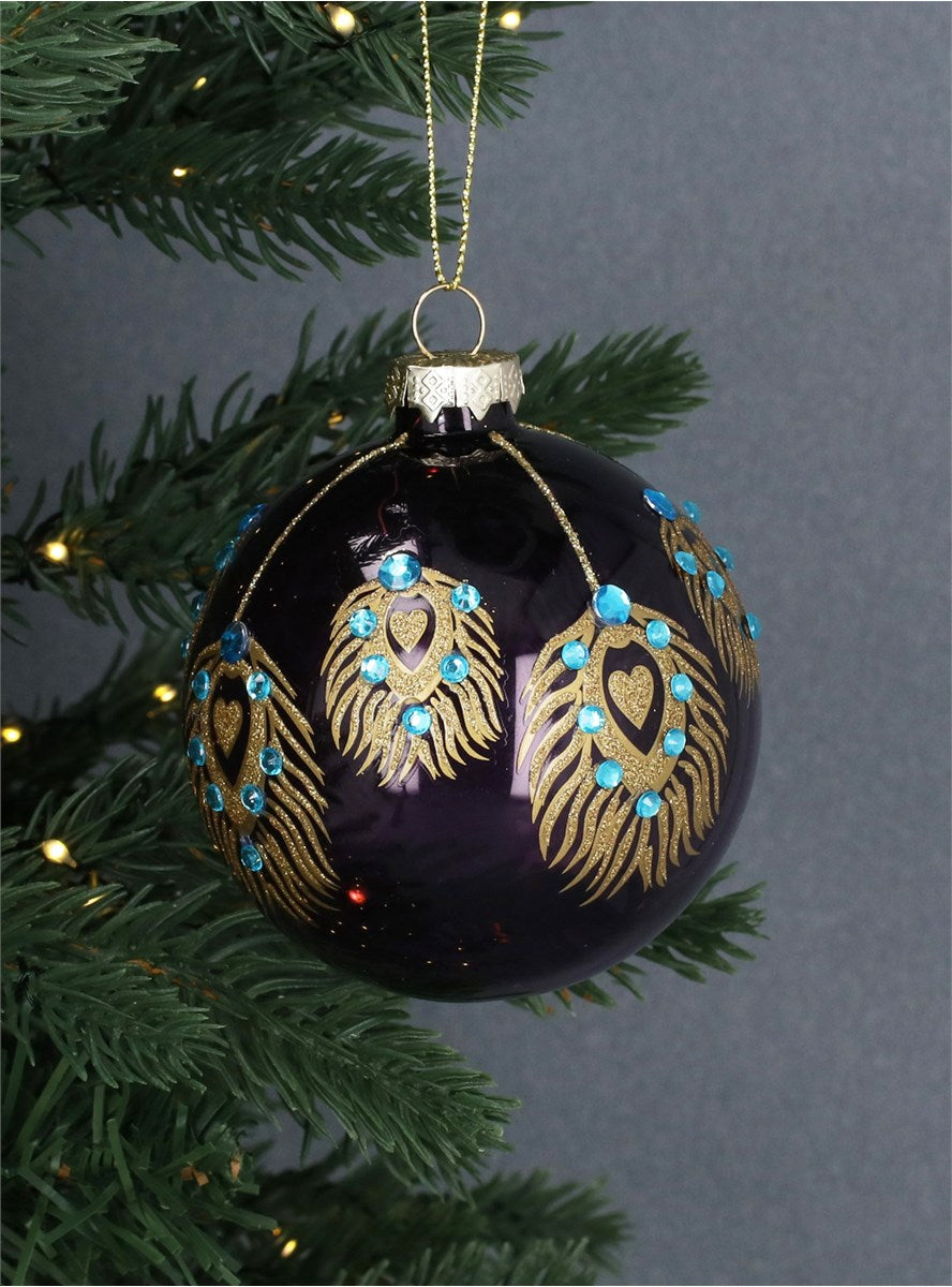 Clear Purple glass bauble gold peacock motif