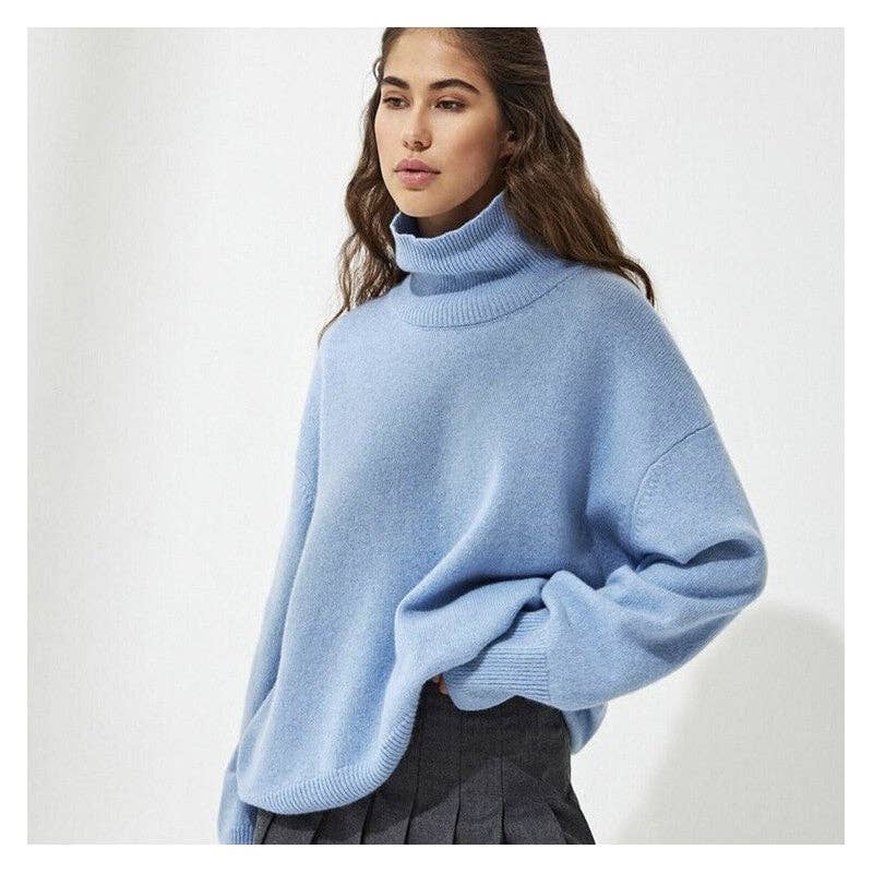 Loose Fit Solid Color Turtleneck Knit Sweater: KHAKI