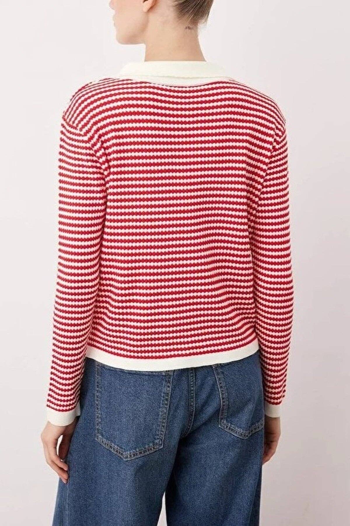 Striped Polo Neck Knit Cardigan: Red / S