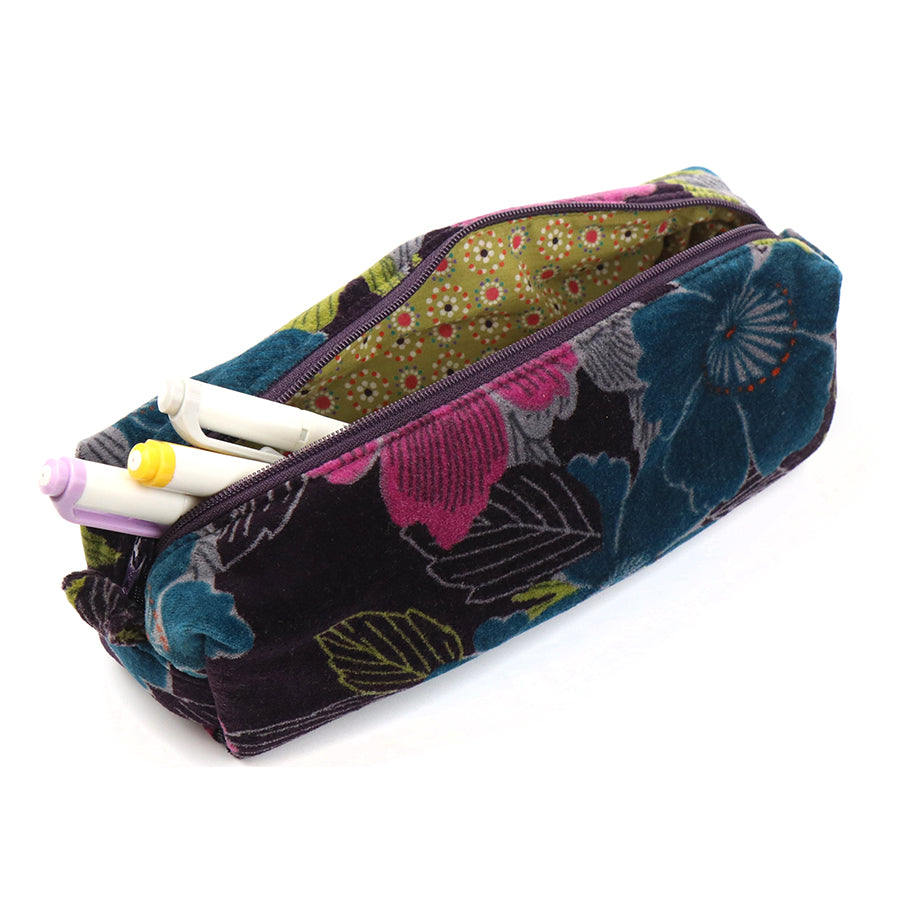 Teal and plum mix printed velvet botanical pouch bag