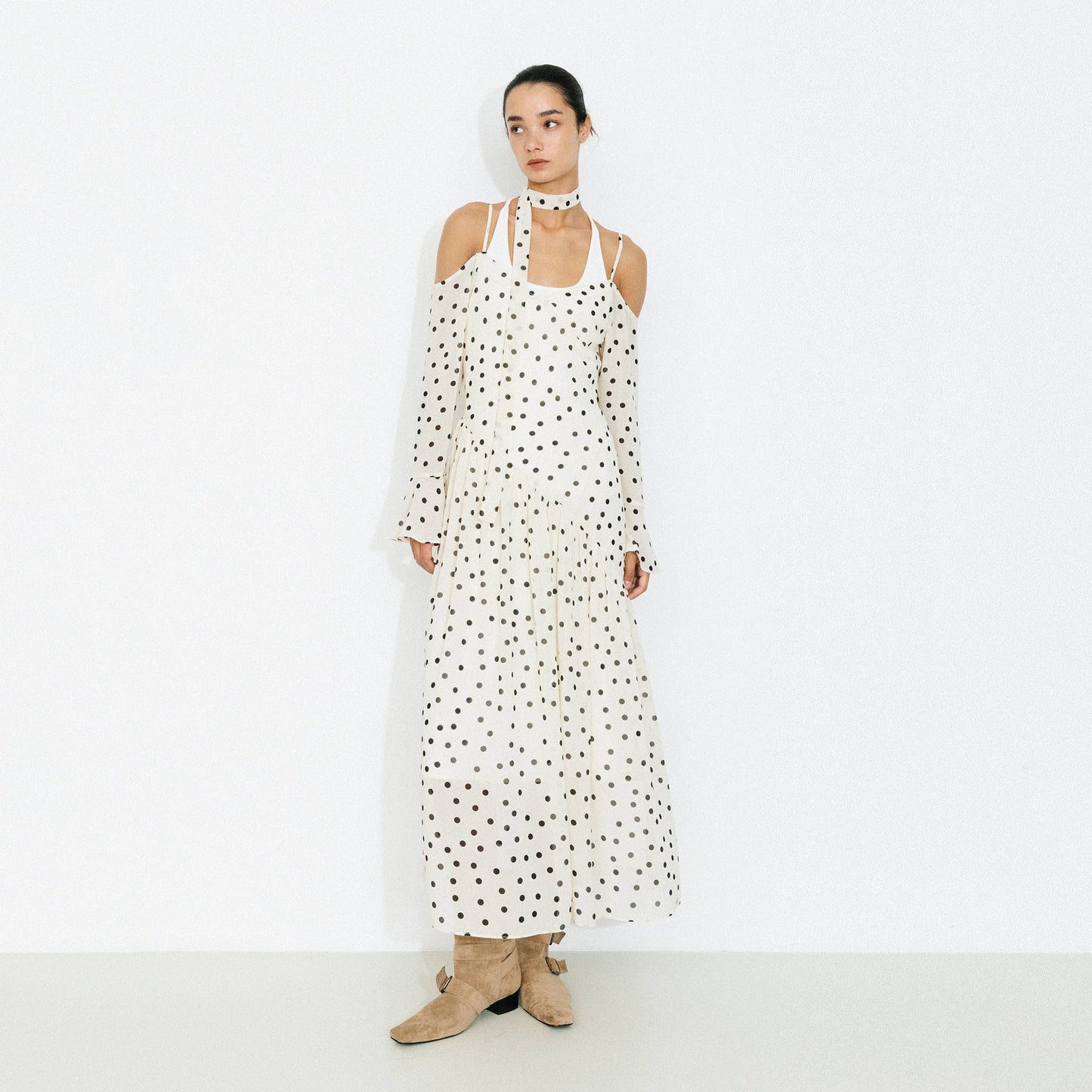 Polka Dot Off-Shoulder Cami Sleeve Maxi Dress: Beige / S