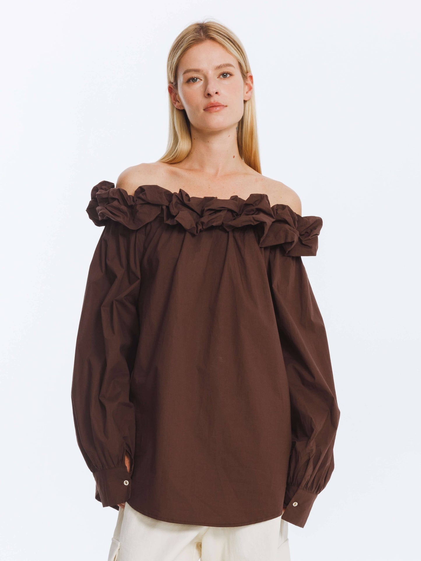 3D Ruffle Collar Long Sleeve Cotton Blouse: Maroon / UN