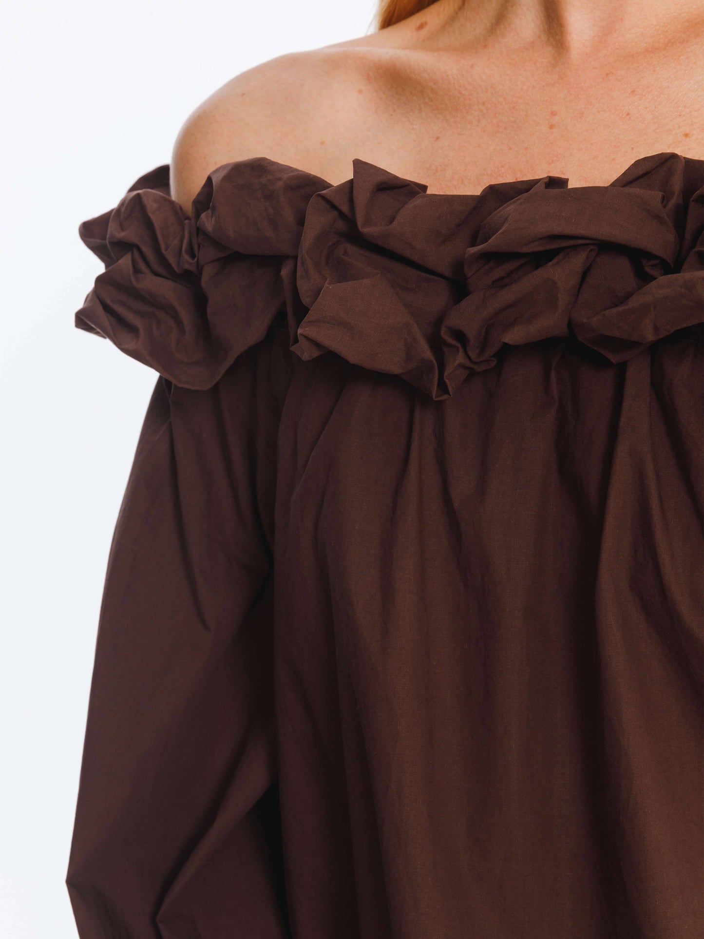 3D Ruffle Collar Long Sleeve Cotton Blouse: Maroon / UN