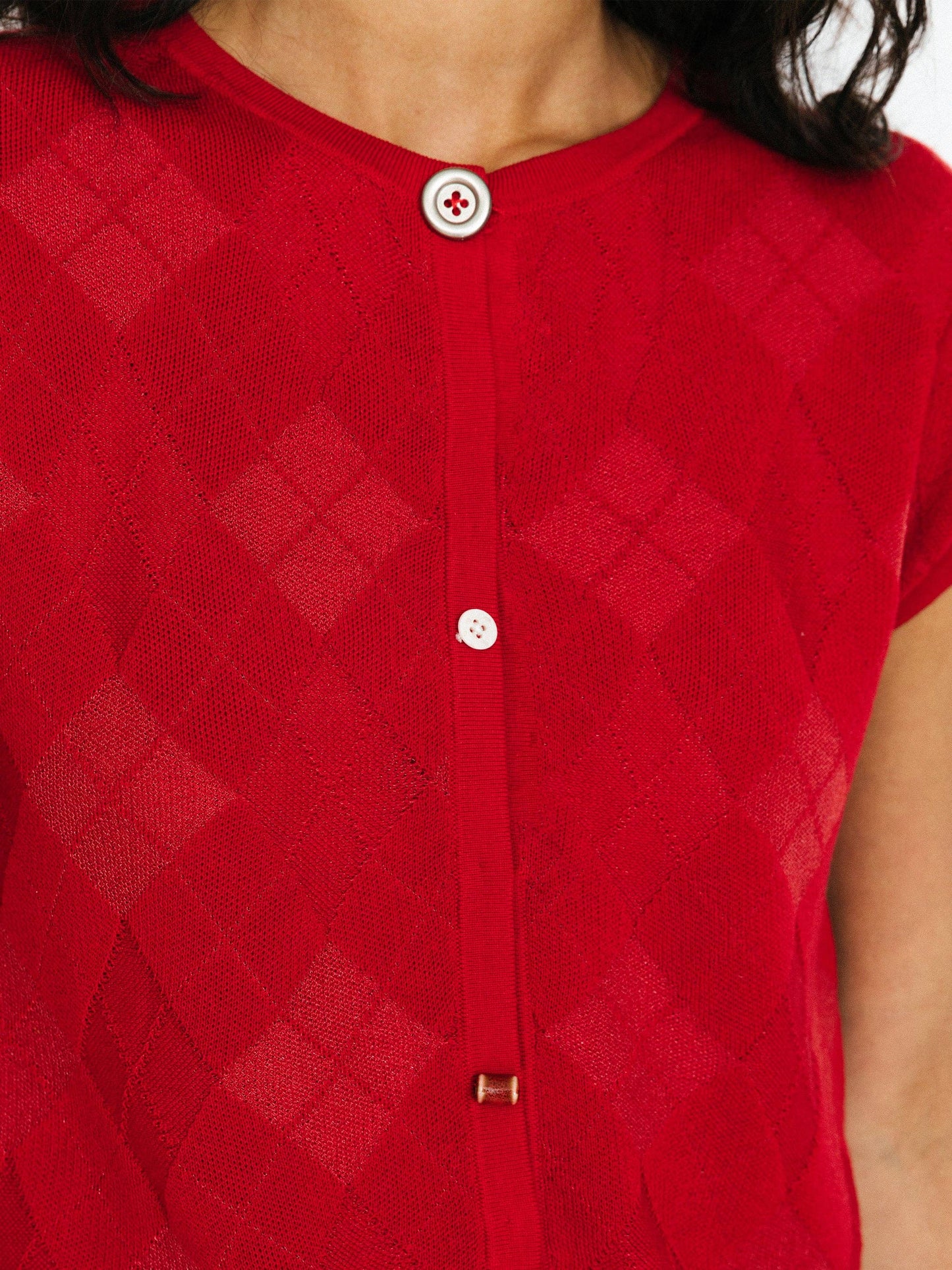 Cropped Knit Short-Sleeve Cardigan: Red / UN