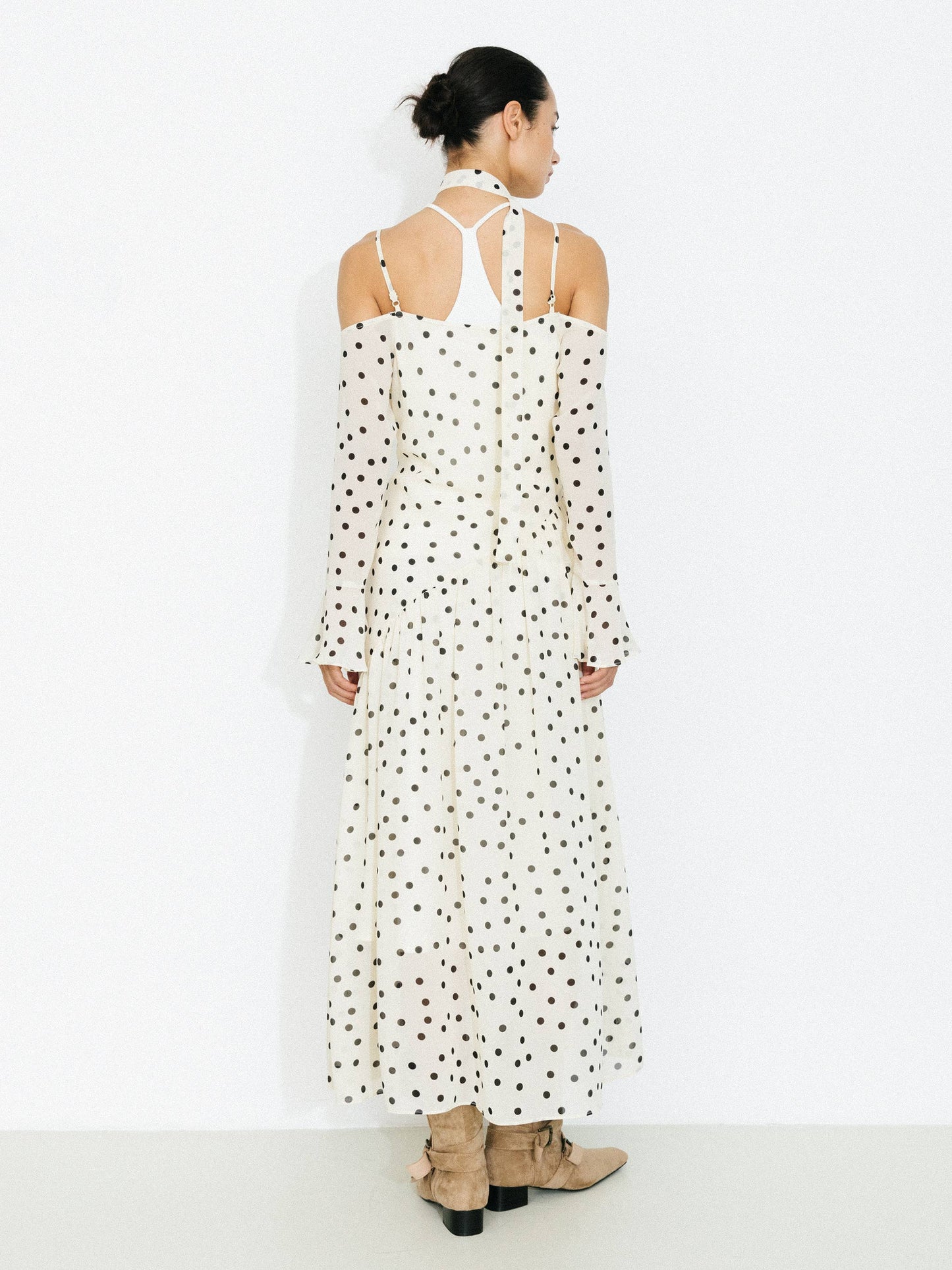 Polka Dot Off-Shoulder Cami Sleeve Maxi Dress: Beige / S