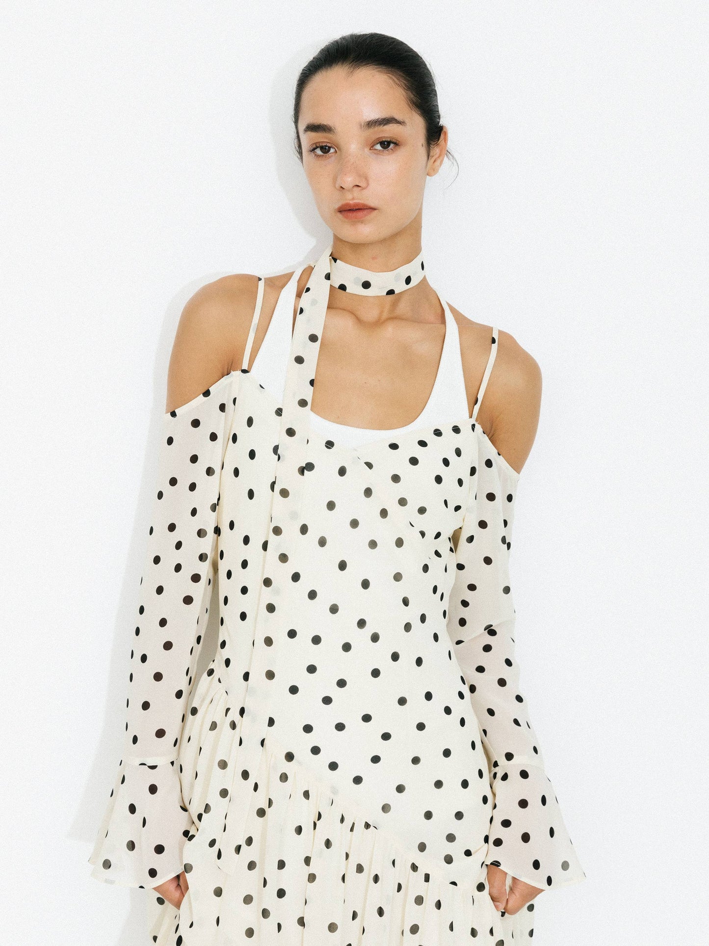 Polka Dot Off-Shoulder Cami Sleeve Maxi Dress: Beige / S