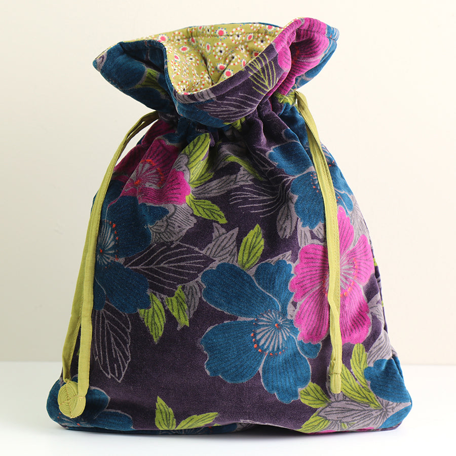 Teal and plum mix printed velvet botanical drawstring bag