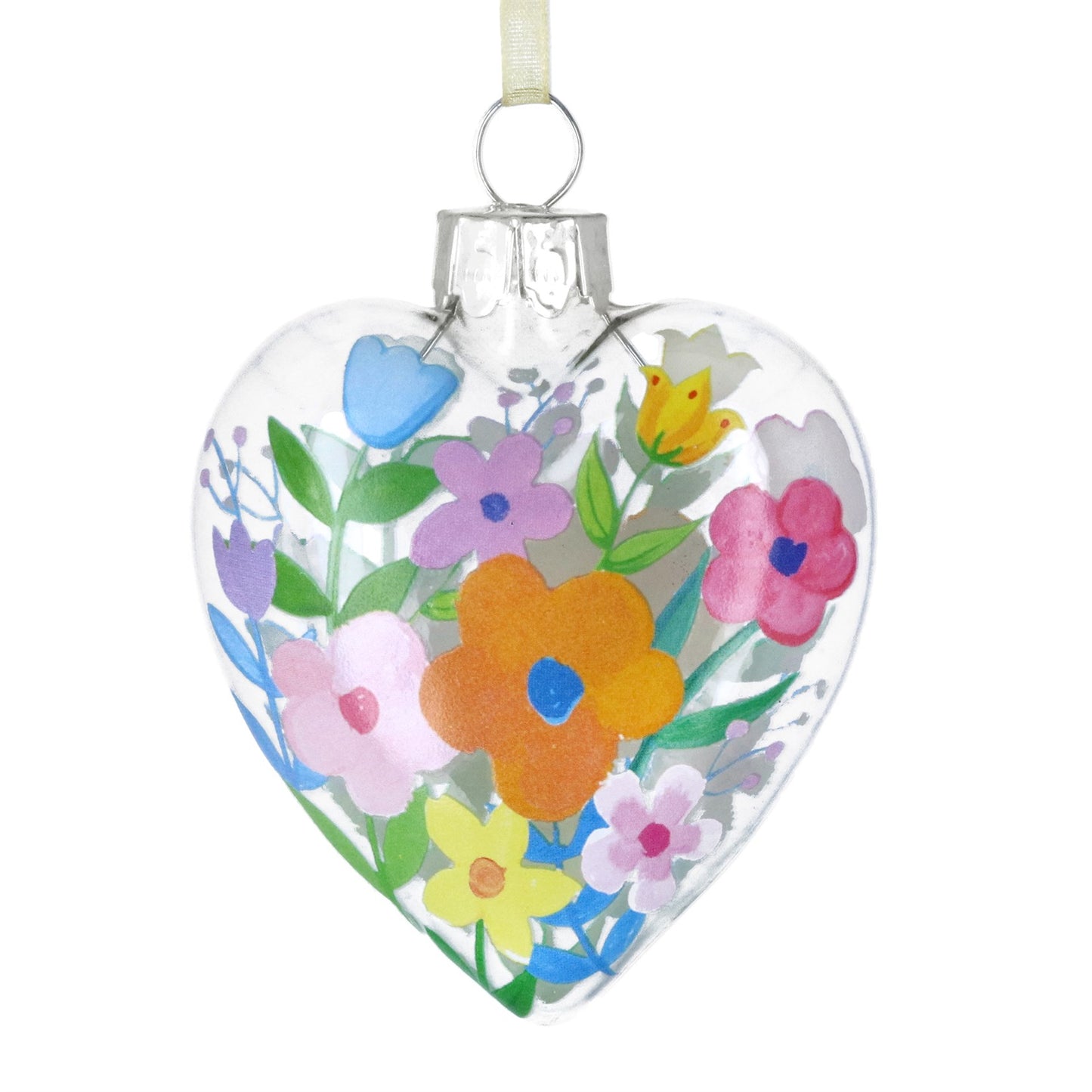 Pastel Flowers Clear Glass Heart Dec