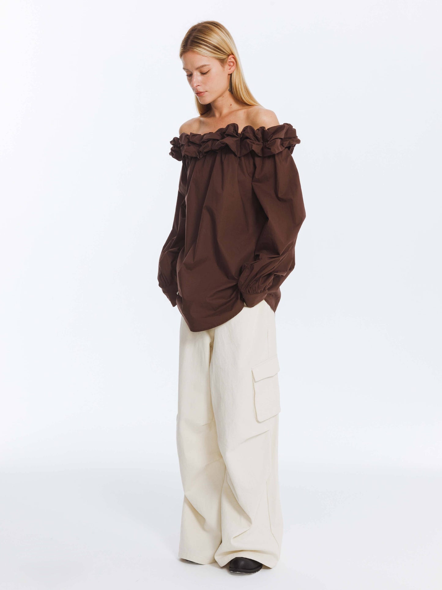 3D Ruffle Collar Long Sleeve Cotton Blouse: Maroon / UN
