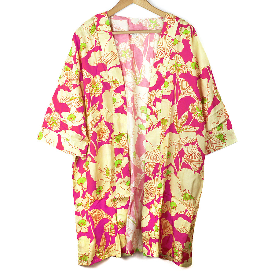 Long pink and lime mix tropical floral print kimono