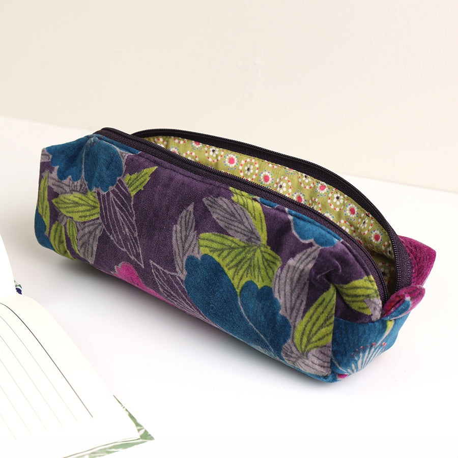 Teal and plum mix printed velvet botanical pouch bag