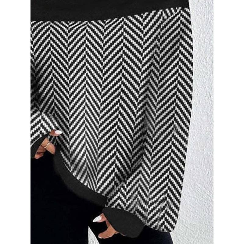 Long Sleeves Loose Split-Joint Striped High Neck Sweater BLACK