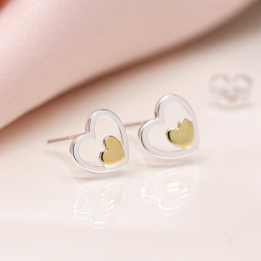 Sterling silver and gold double heart earrings