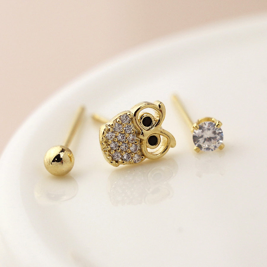 Golden Crystal owl earring set