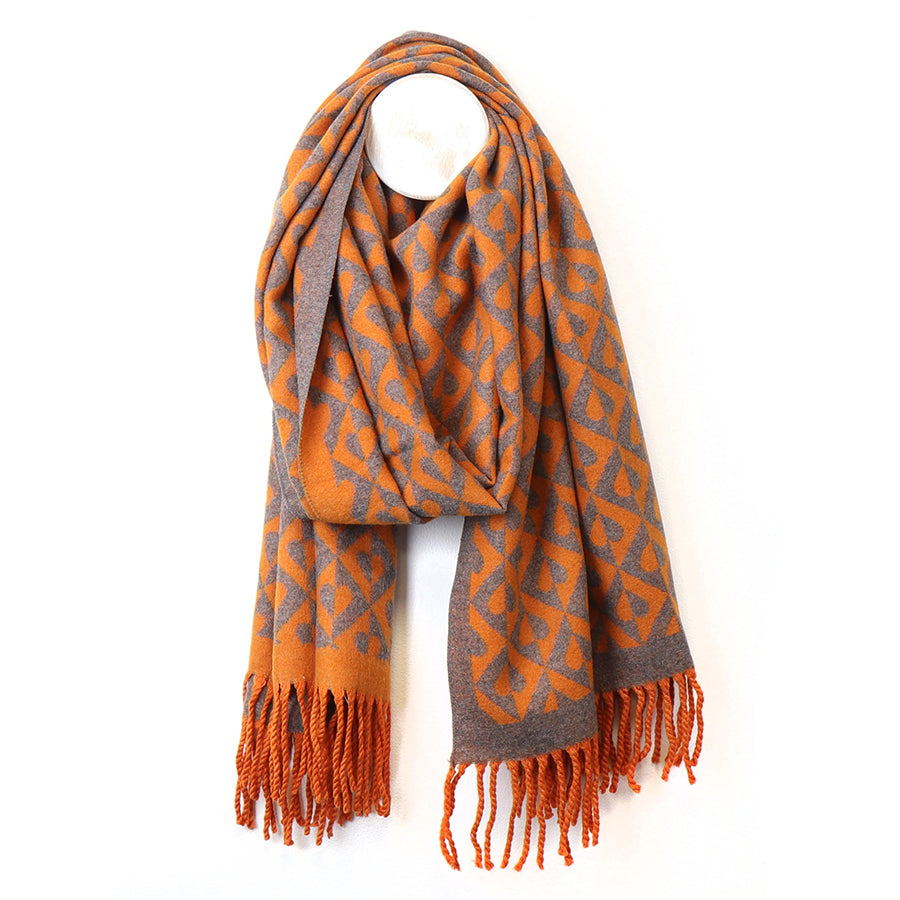 BURNT ORANGE GEOMETRIC HEART PATTERNED FRINGED SCARF