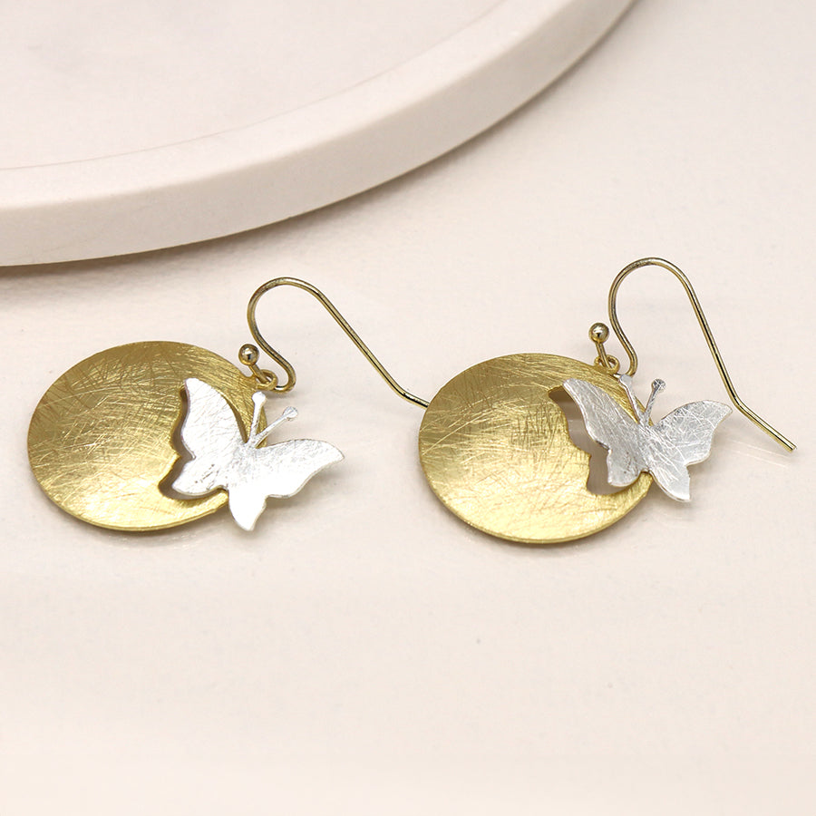 Golden Scratched Disc butterfly earrings