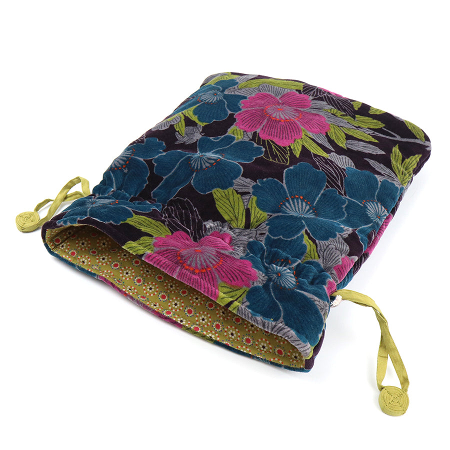 Teal and plum mix printed velvet botanical drawstring bag