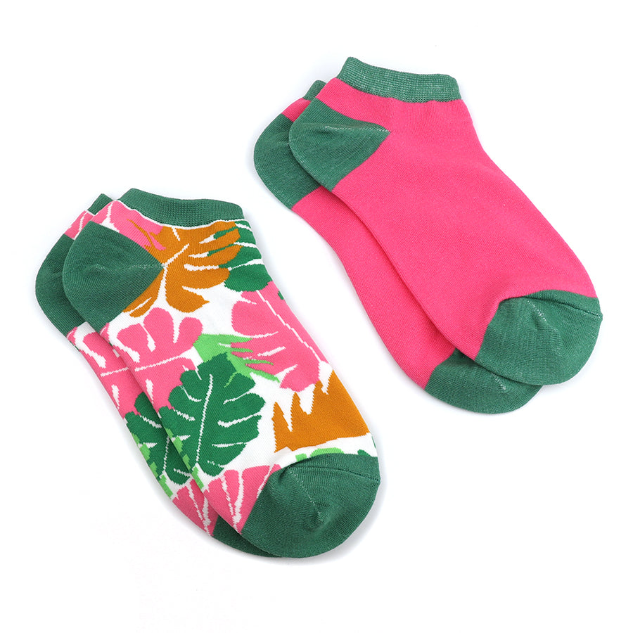 Pink and Khaki Monstera Leaf Trainer Sock Duo