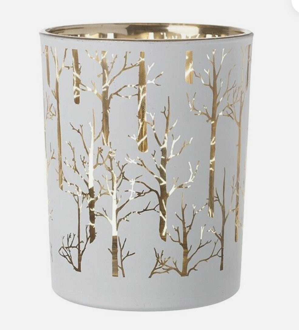 SNOW SCENE GLASS CANDLE HOLDER WHITE GOLD VOTIVE