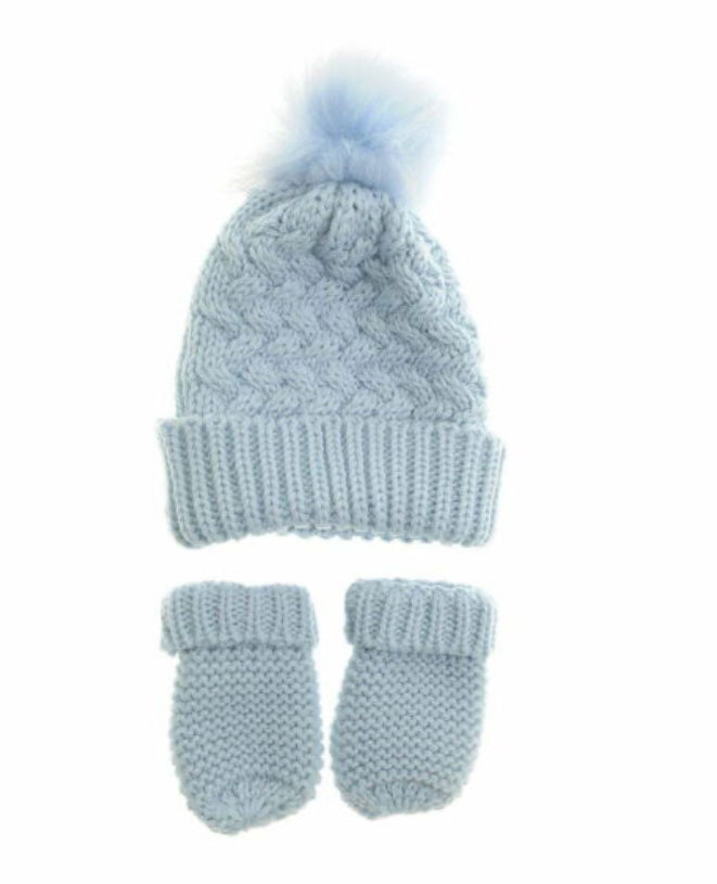 Blue Wooly Bobble Hat and Mittens