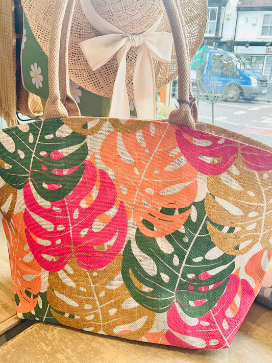 Gold Bright tropical monstera print shopper bag