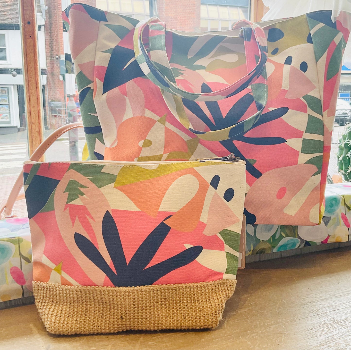Pink/orange multi tropical floral canvas travel pouch/ wash bag