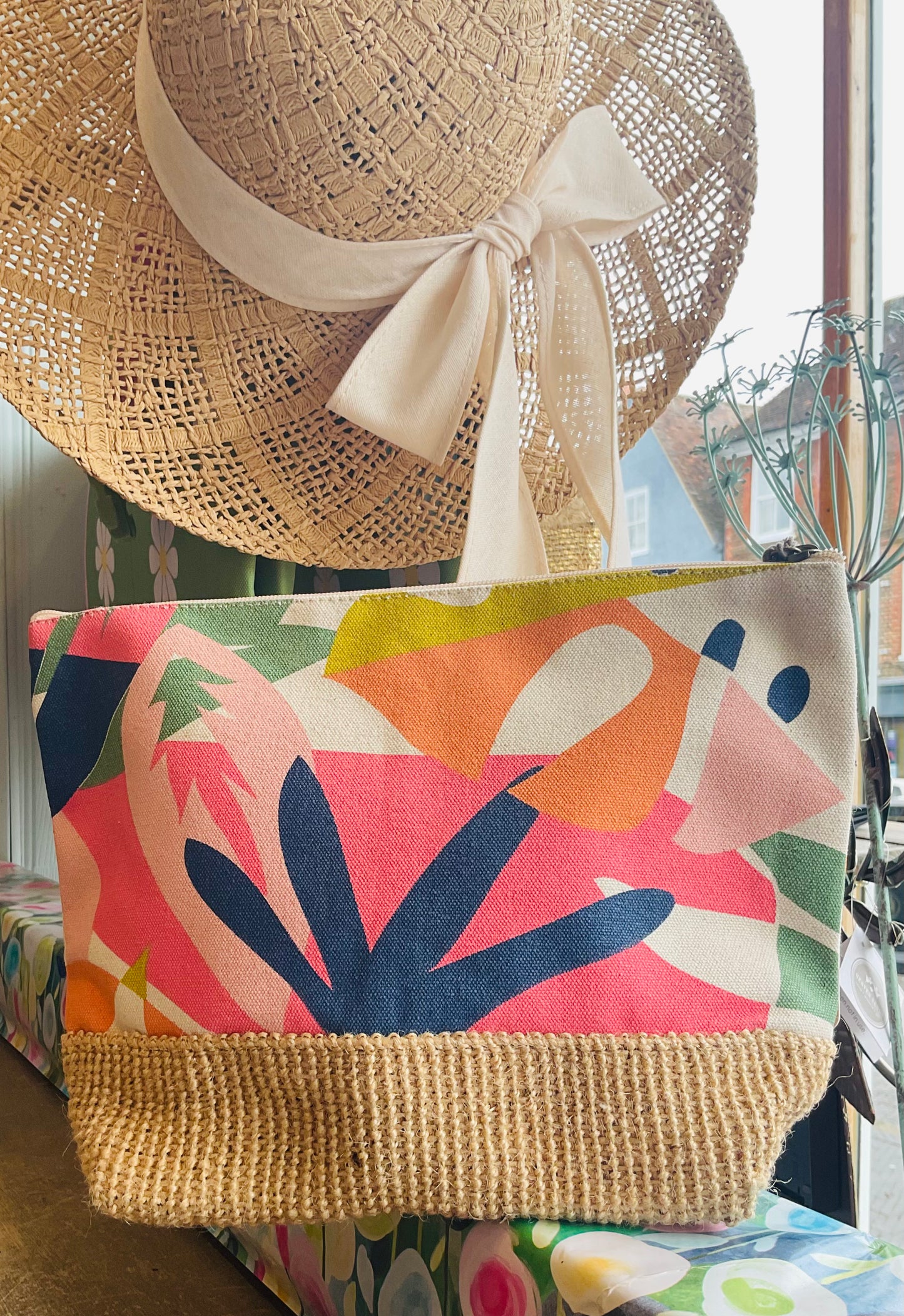Pink/orange multi tropical floral canvas travel pouch/ wash bag