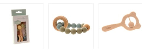 Wooden Teether and Rattle - Blue Grey