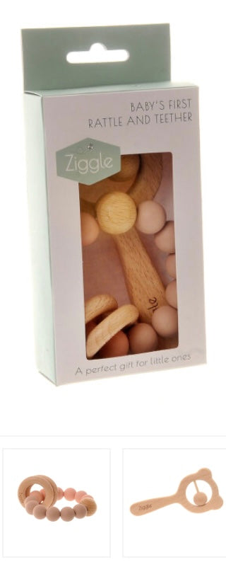 Wooden Teether and Rattle - Blush