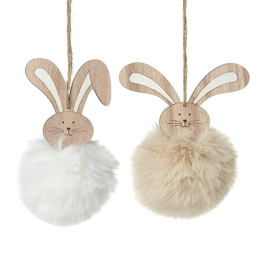HANGING WOODEN AND FUR BUNNY DECORATION
