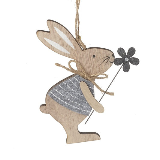 HANGING WOODEN RABBIT WITH FLOWER DECORATION