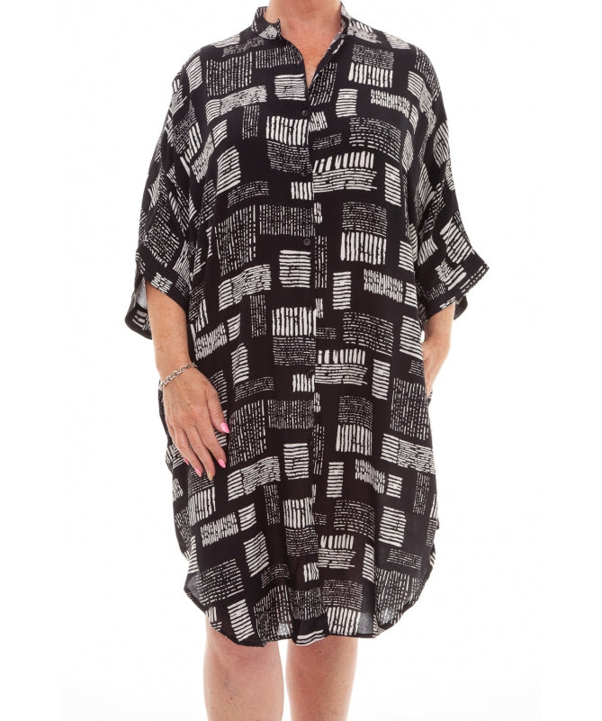 Black grandad collar dress white stripe pattern