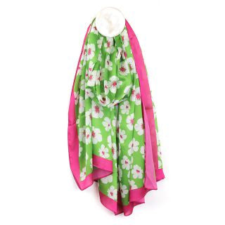 Silky green pansy print scarf with pink border