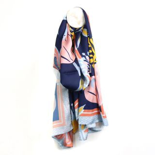 Silky navy and pink mix flower print scarf