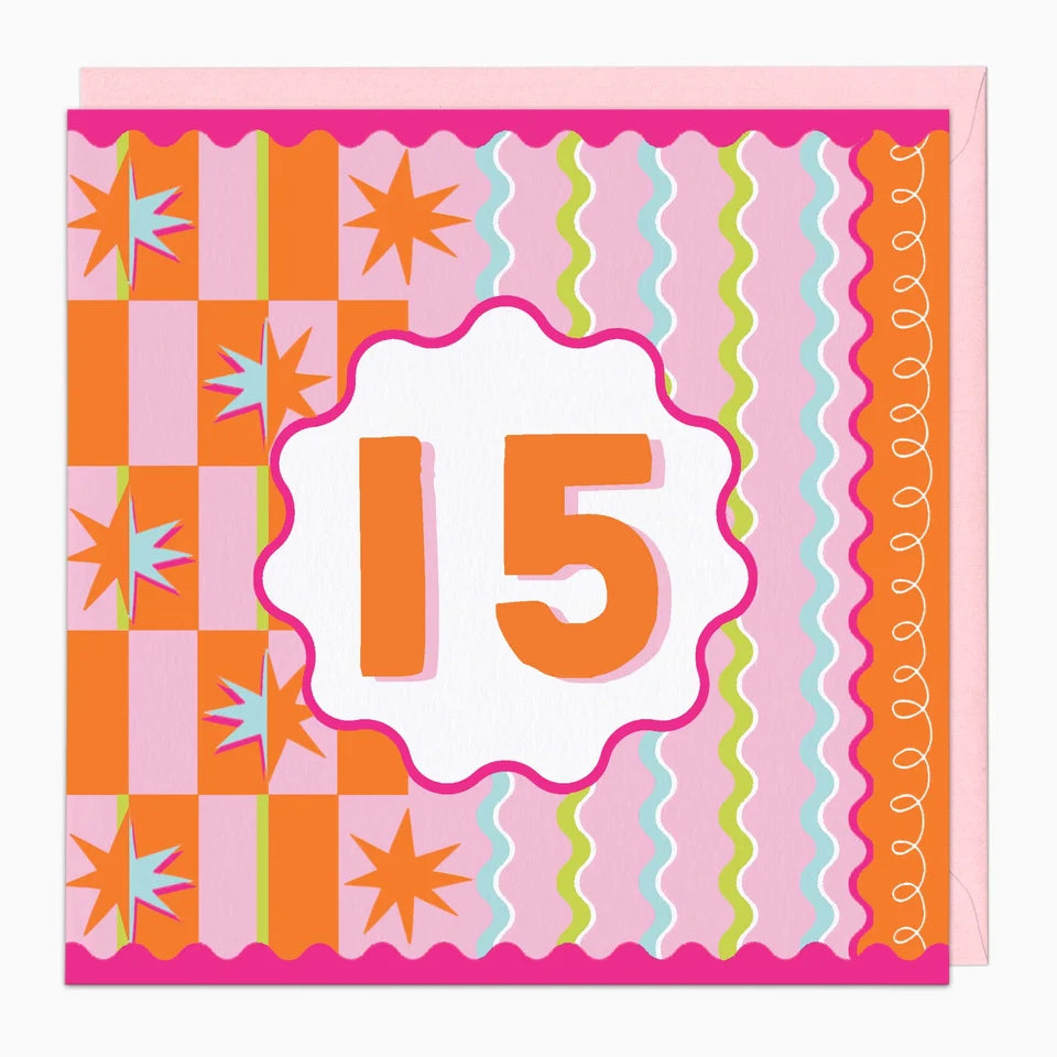 Fluro Stars Purple Age 15 Birthday Card