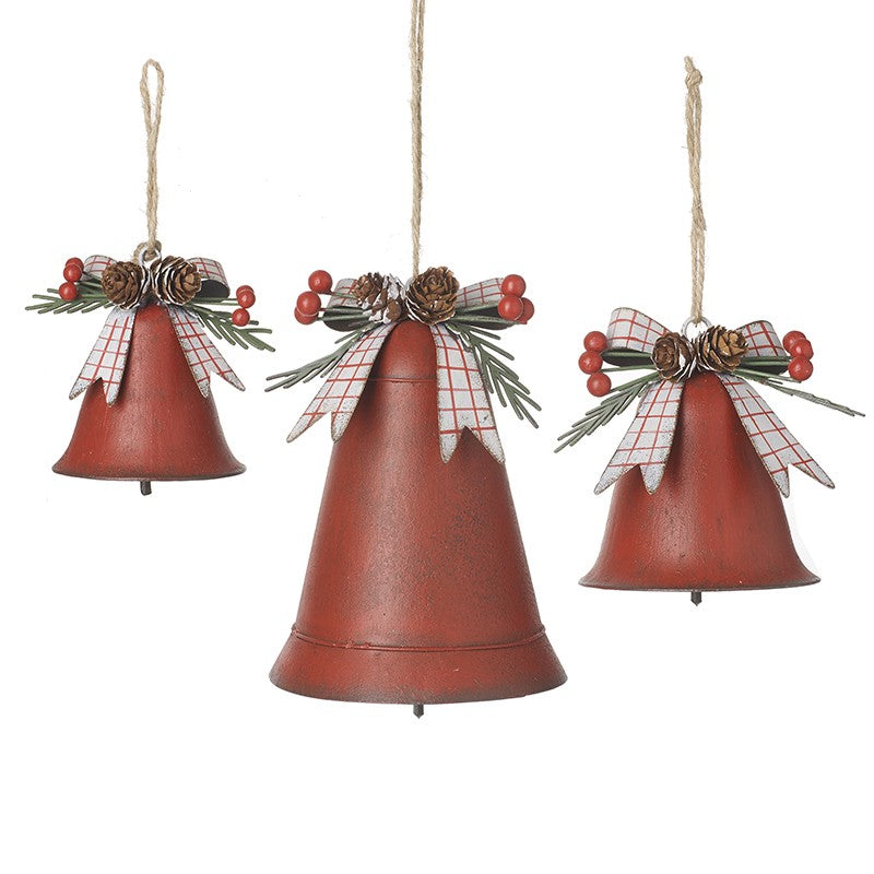 SET 3 RED METAL BELL WITH TARTAN BOW
