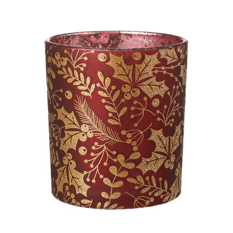 RED AND GOLD GLITTER HOLLY CANDLE Small
