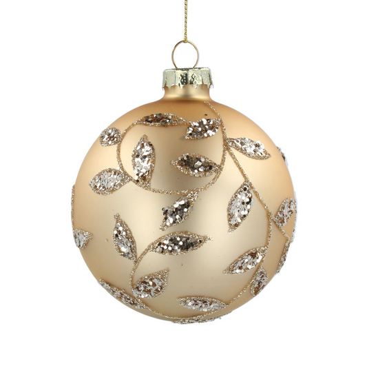 Glass Bauble - Matte Gold, Embossed Gold Leaves