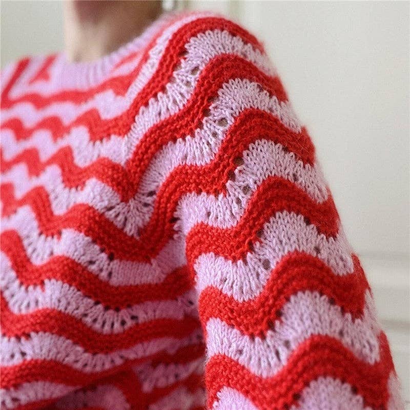 Round Neck Color Block Wave Stripe Sweater: PINK / S