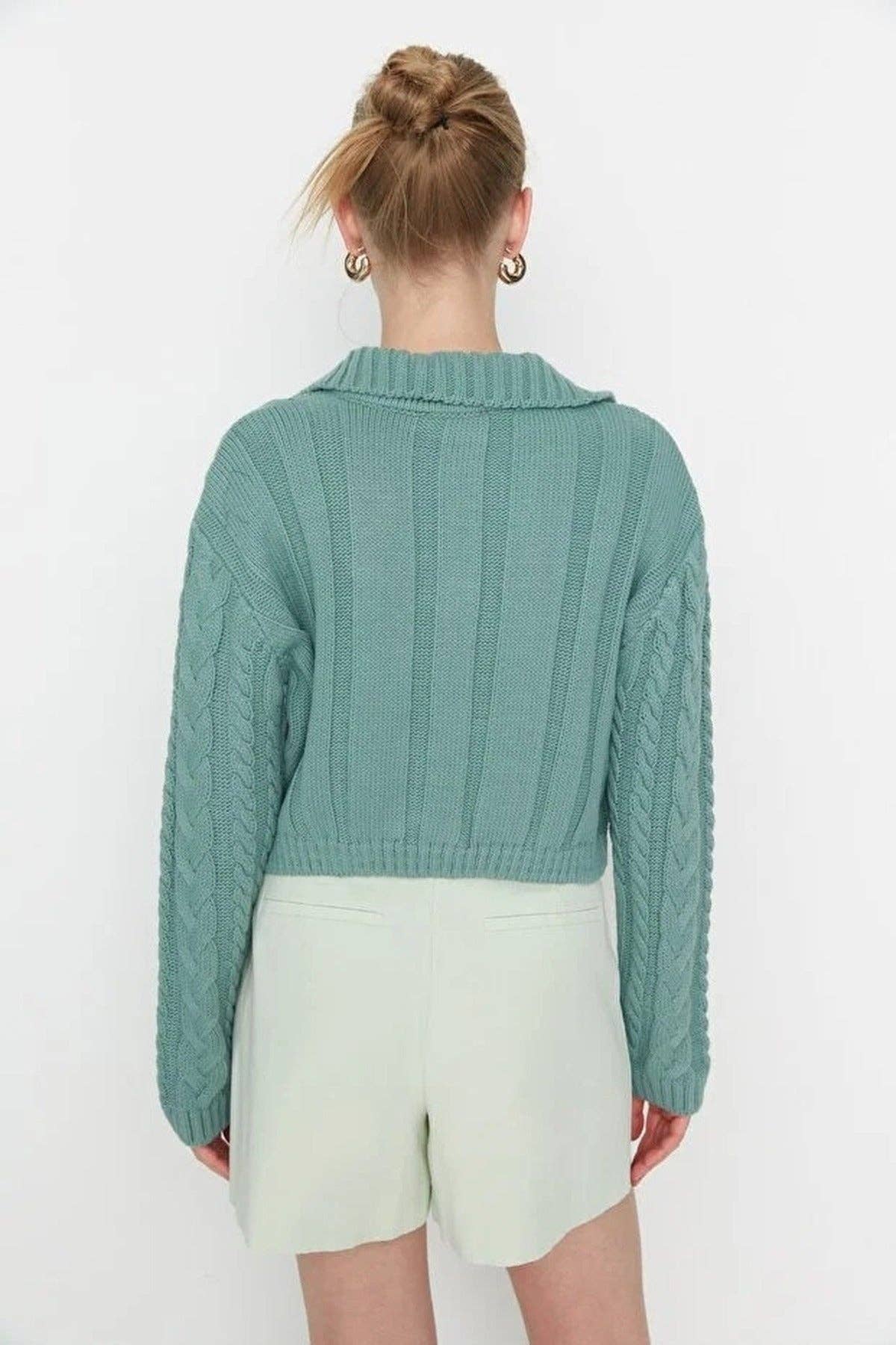 Crop Polo Neck Knit Cardigan with Covered Button Detail: Mint / M
