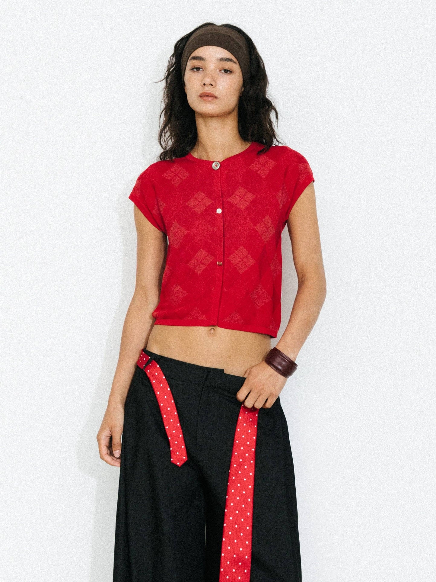 Cropped Knit Short-Sleeve Cardigan: Red / UN