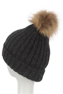 Faux Fur Plain Pom Pom Beanie Hat - Black