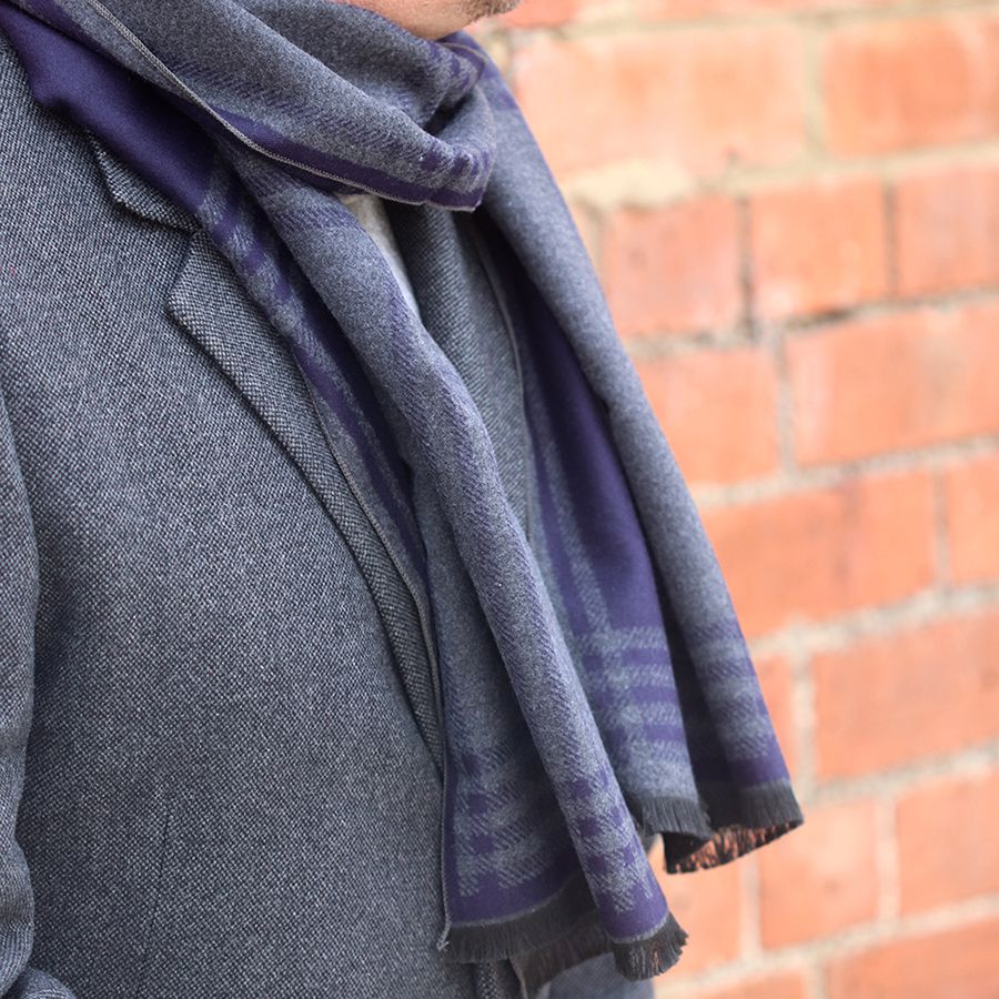 NAVY/GREY PLAID CHECK PATTERN MENS SCARF