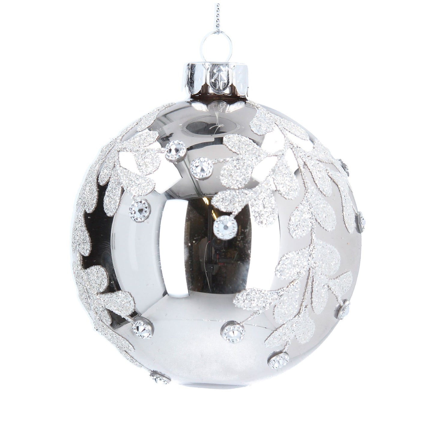 Silver Sparkle Glass Bauble with Diamante Leaf Drop