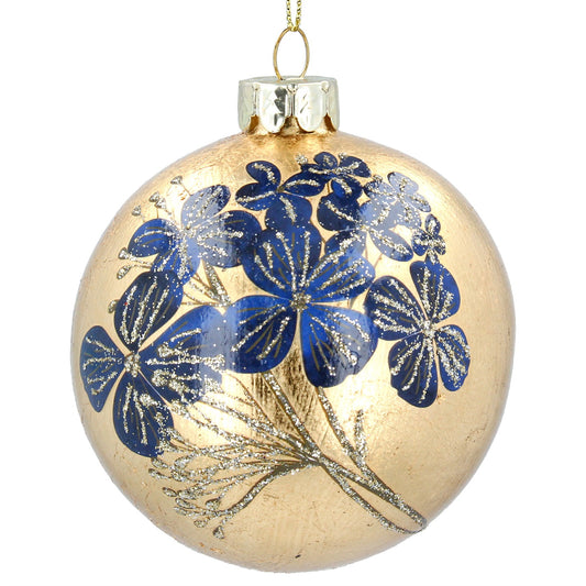 Gold Leaf Glass Ball w Blue Flowers