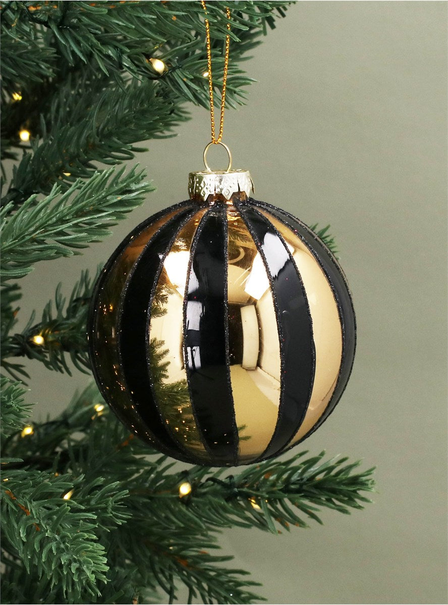 Black gold mirror striped glass bauble