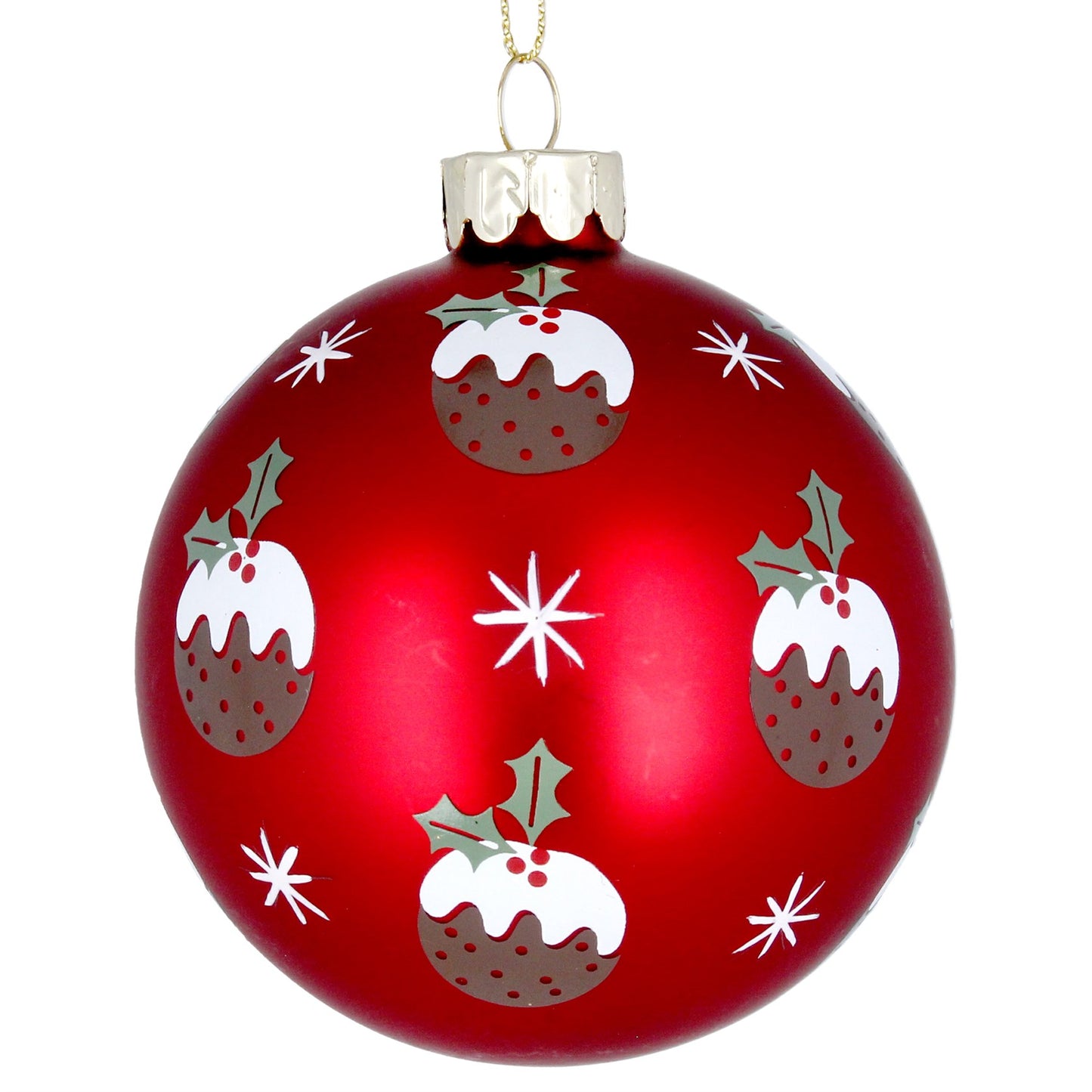 Matt Red Glass Ball w Christmas Puddings