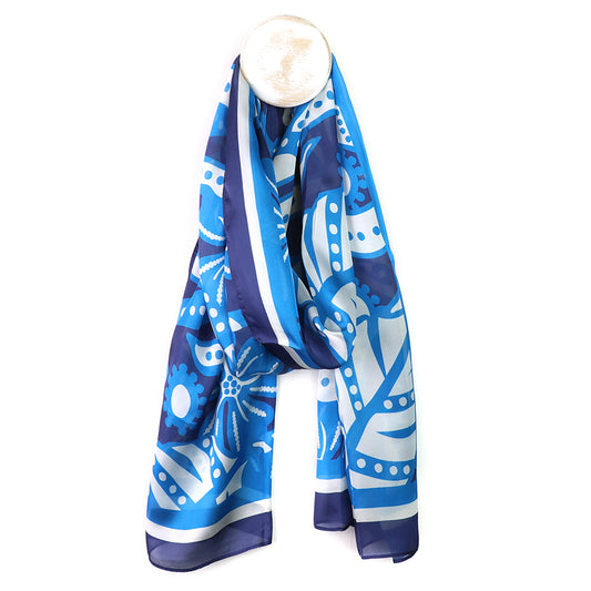 Recycled blue silky graphic monstera print scarf